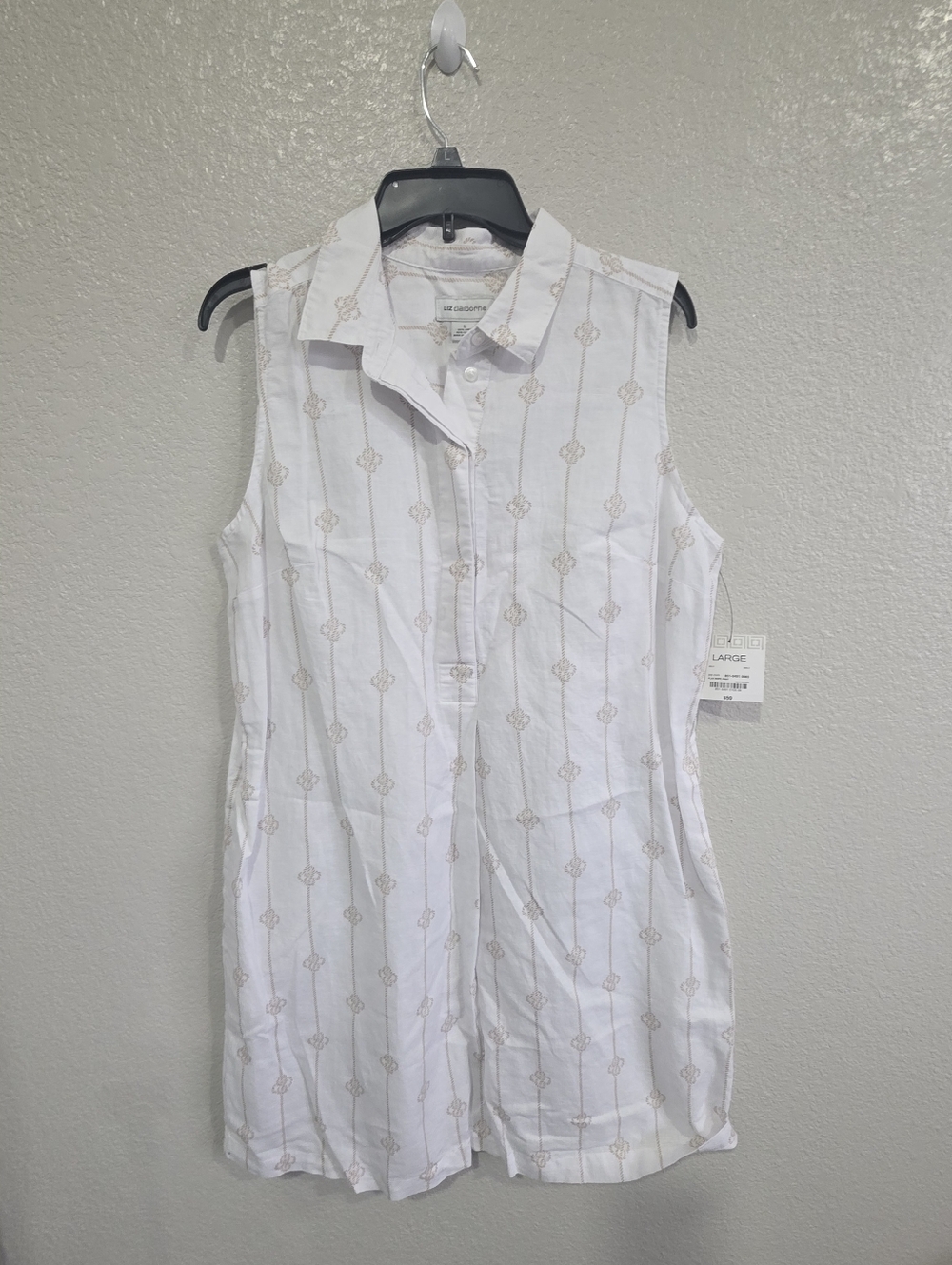 Sleeveless White Button Dress with Beige